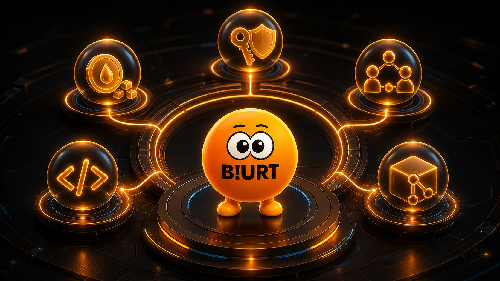 Blurtie 站在发光的帮助中心,周围连接着密钥、流动 BLURT 手续费、社区、开发与开源模块。