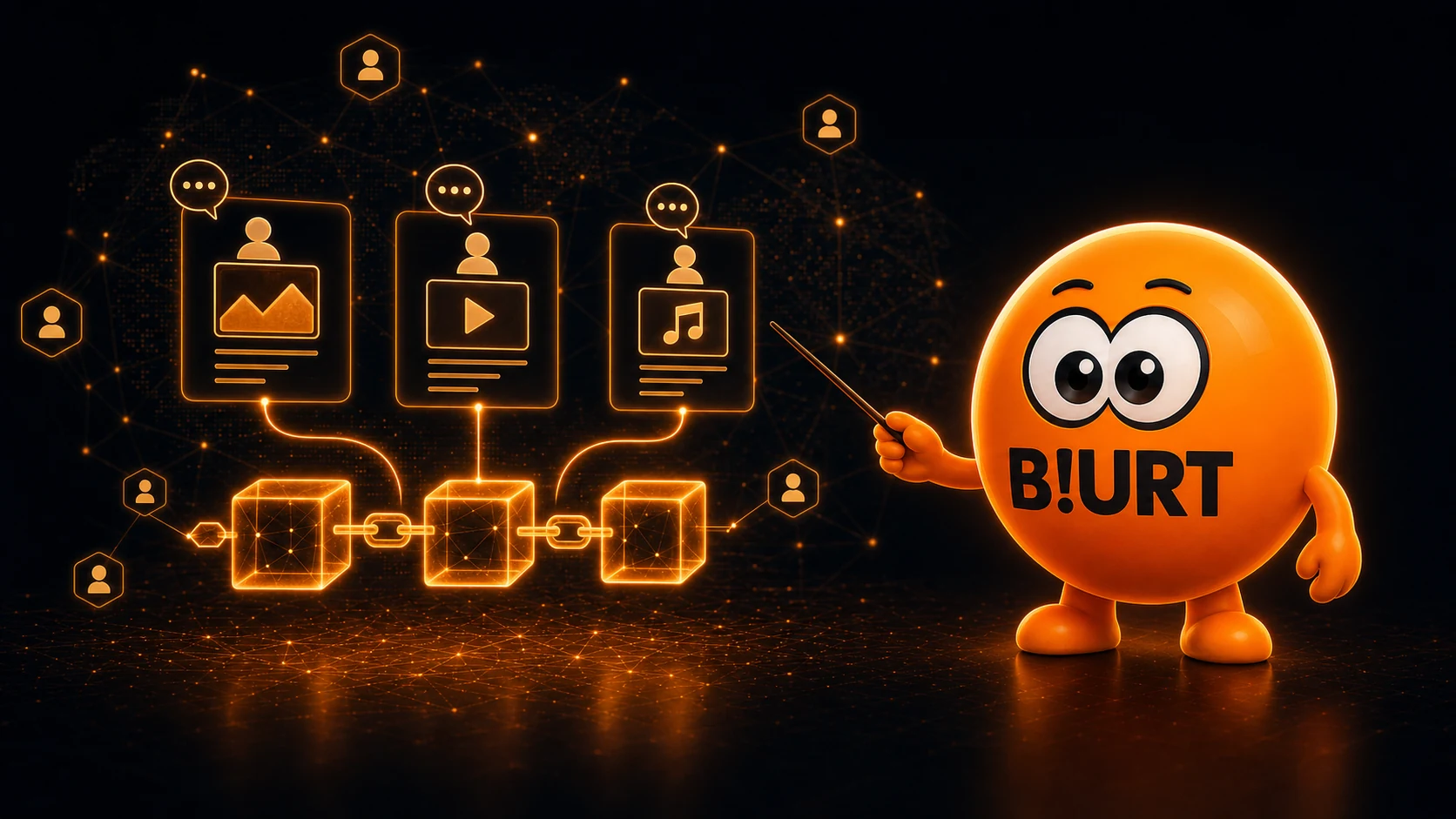 Blurtie 指向与一条发光共享区块链相连的社交内容卡片。